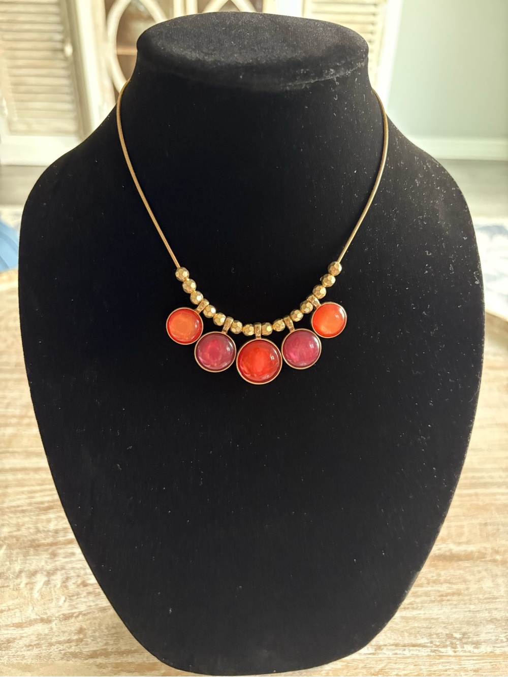 Kim Rogers Vintage Gold Tone Necklace with  Warm Orange, Magenta Pink Cabochon